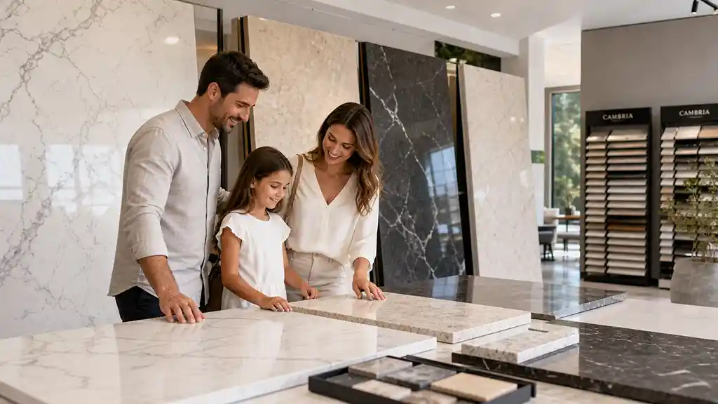 Customer selecting stone slabs at the Citi Granite showroom