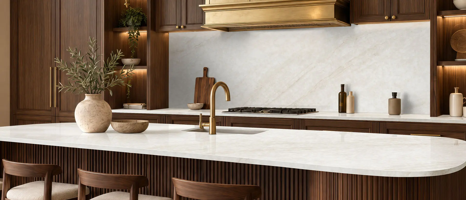 Ivoritaj quartz kitchen with a bright island, full-height backsplash and warm wood cabinetry